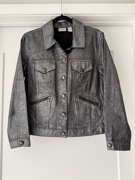 Chico's Jackets & Blazers - Chicos-Like New Woman’s Chic Metallic Gunmetal Button Up Jacket Size 1 (Medium)